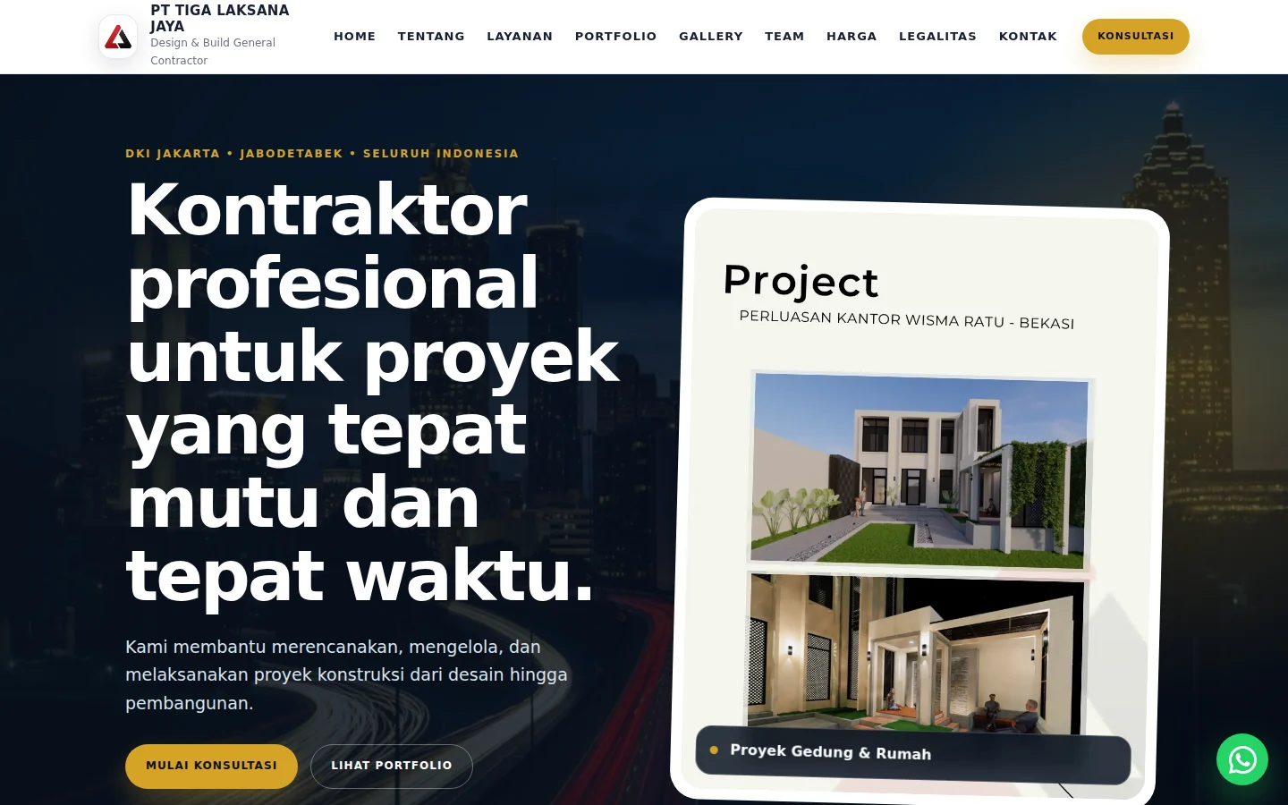 Screenshot desktop halaman utama PT Tiga Laksana Jaya